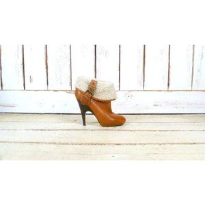 Light brown tan leather high heel faux shearling fur ankle boot